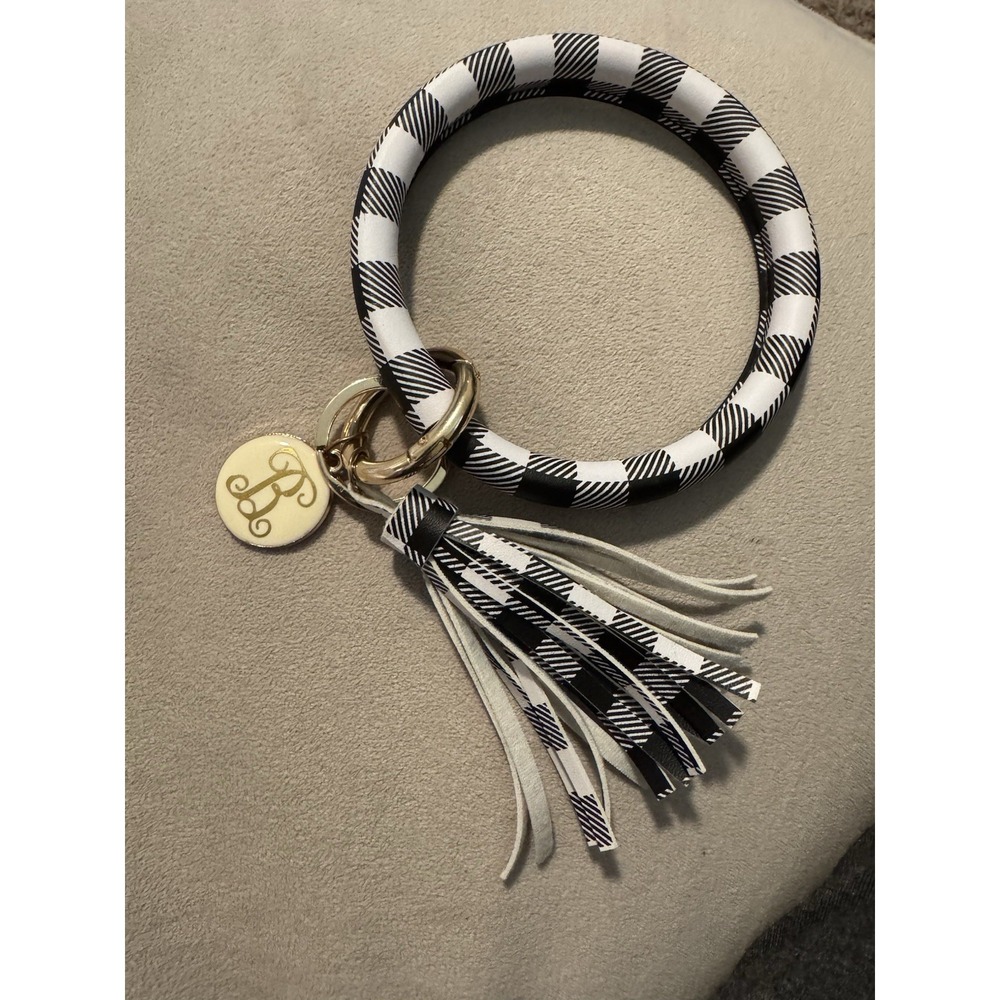 Buffalo‎ Check Keychain With tassel And "B" Initial Black & White Checked Plaid